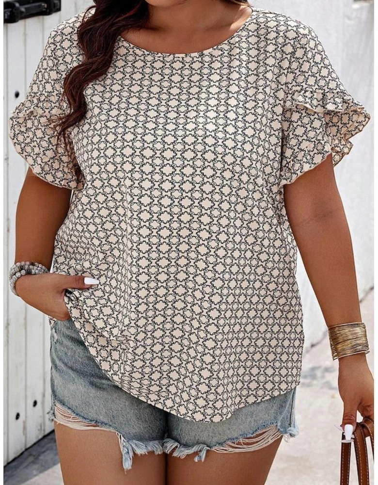 Khaki Plus Size Geometric Print Ruffled Sleeve Blouse