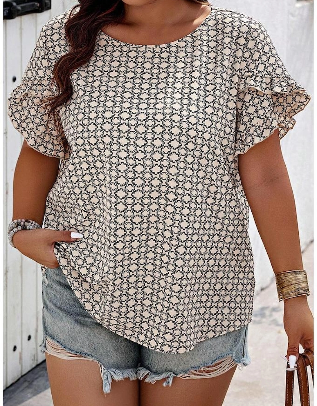 Khaki Plus Size Geometric Print Ruffled Sleeve Blouse