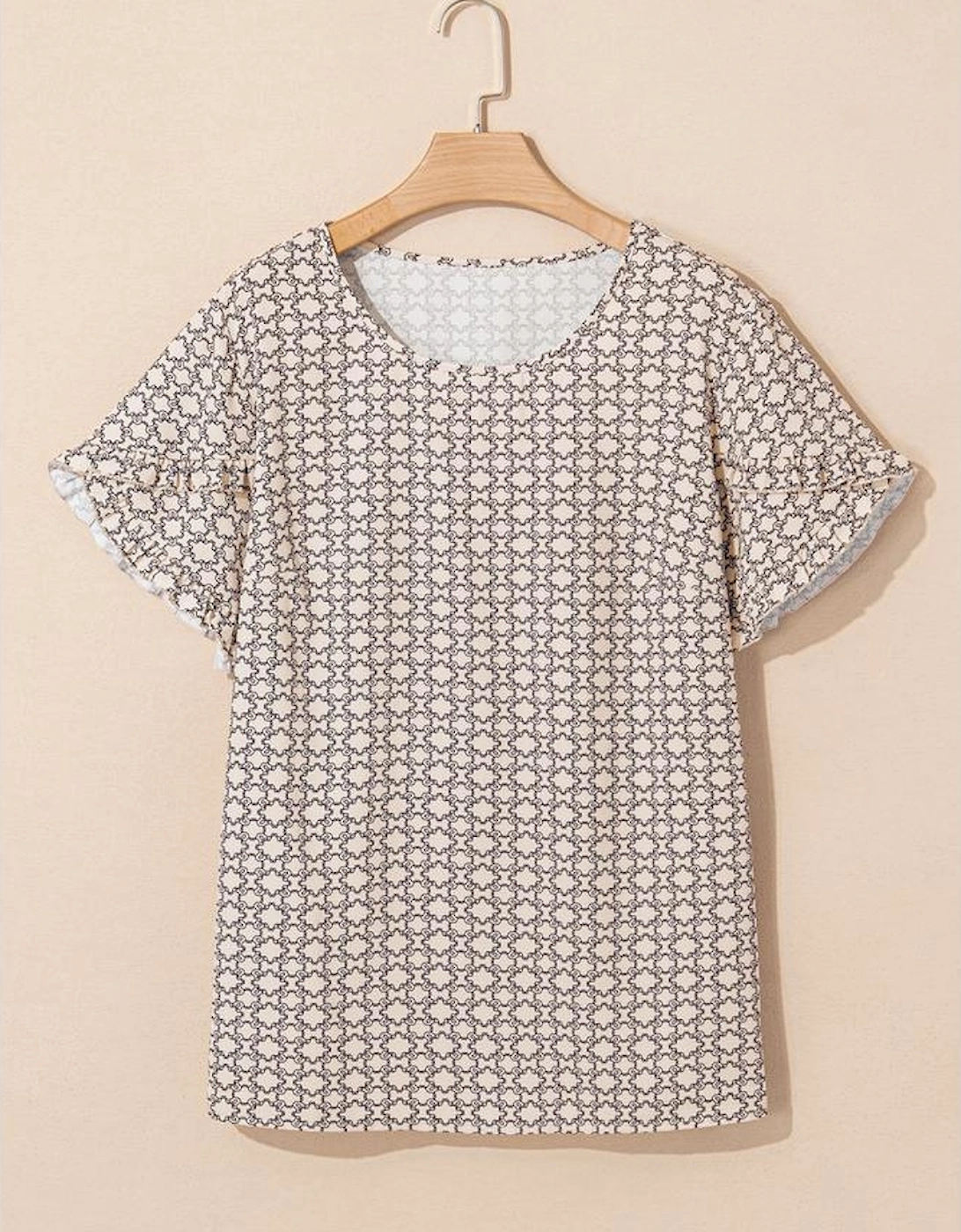 Khaki Plus Size Geometric Print Ruffled Sleeve Blouse