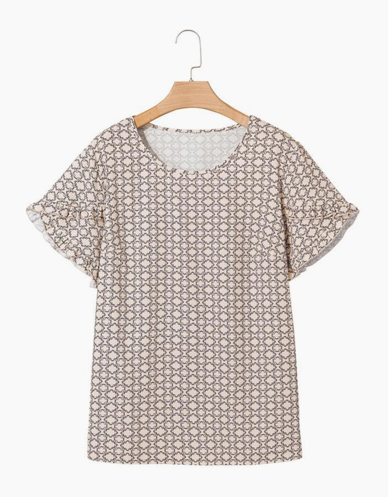 Khaki Plus Size Geometric Print Ruffled Sleeve Blouse