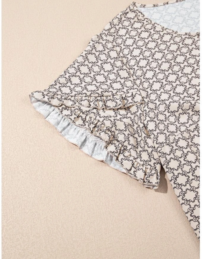 Khaki Plus Size Geometric Print Ruffled Sleeve Blouse