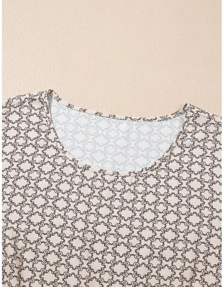 Khaki Plus Size Geometric Print Ruffled Sleeve Blouse