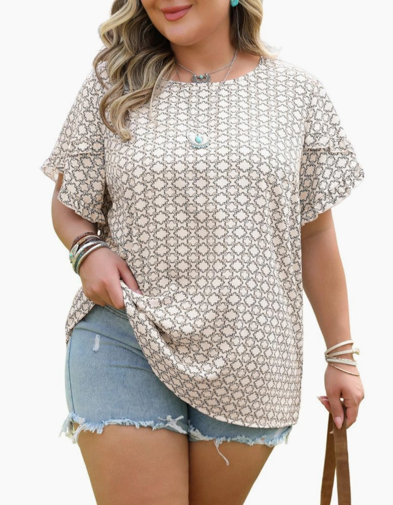 Khaki Plus Size Geometric Print Ruffled Sleeve Blouse