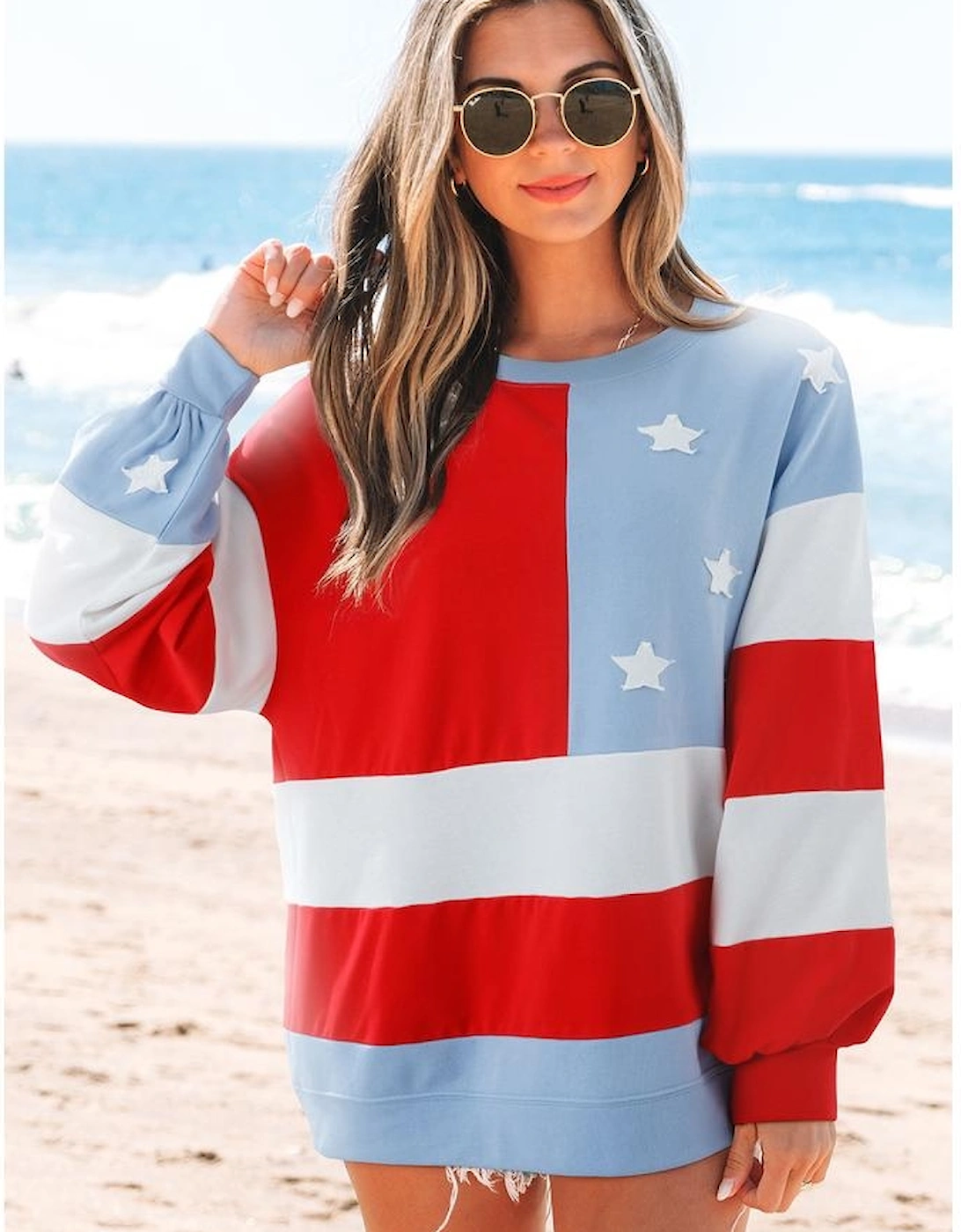 Multicolour American Flag Vintage Oversized Pullover Sweatshirt