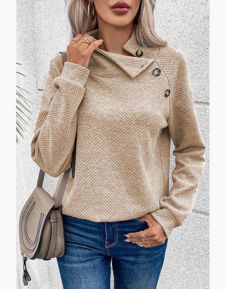 Apricot  Asymmetric Buttons Detail High Neck Textured Sweatshirt