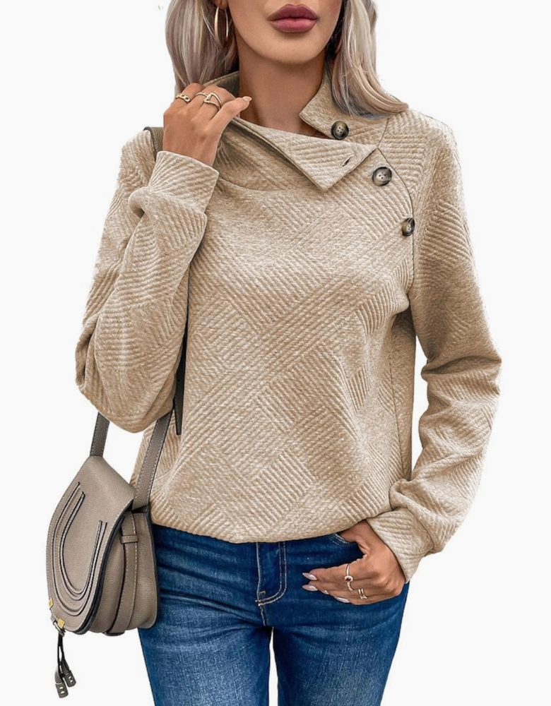 Apricot  Asymmetric Buttons Detail High Neck Textured Sweatshirt