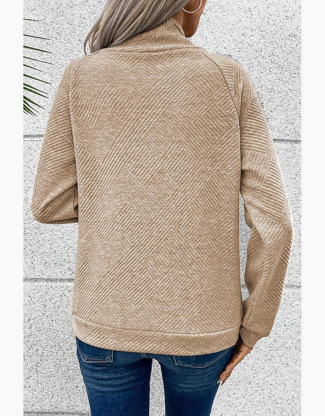 Apricot  Asymmetric Buttons Detail High Neck Textured Sweatshirt