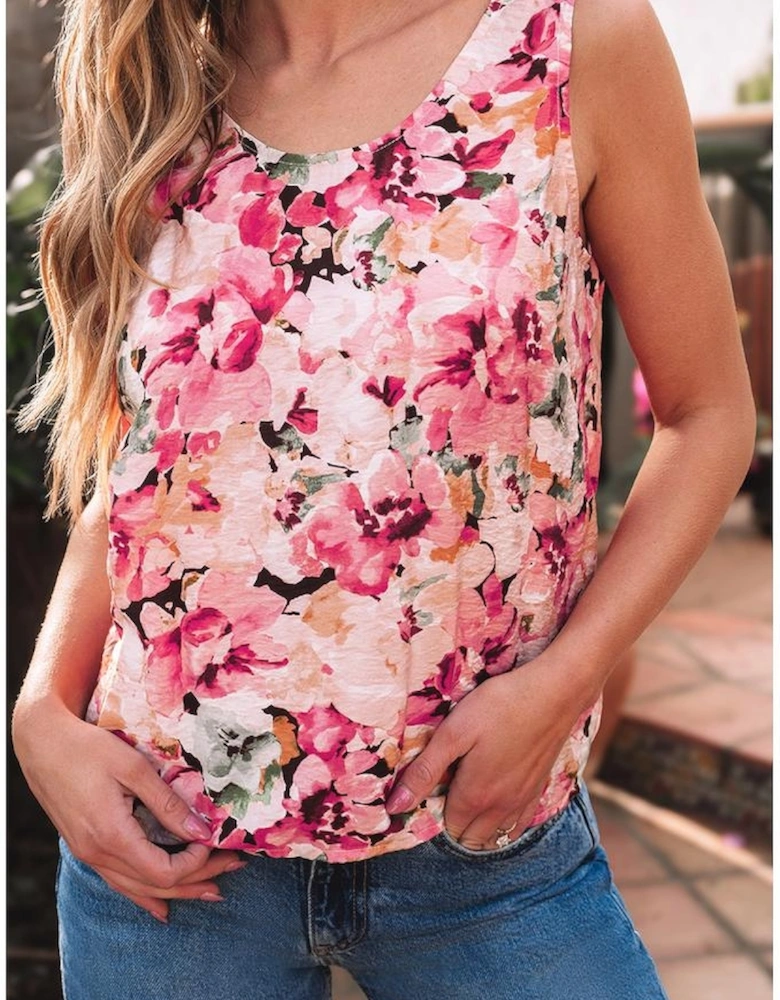 Pink Floral Round Neck Twisted Cut Out Back Tank Top