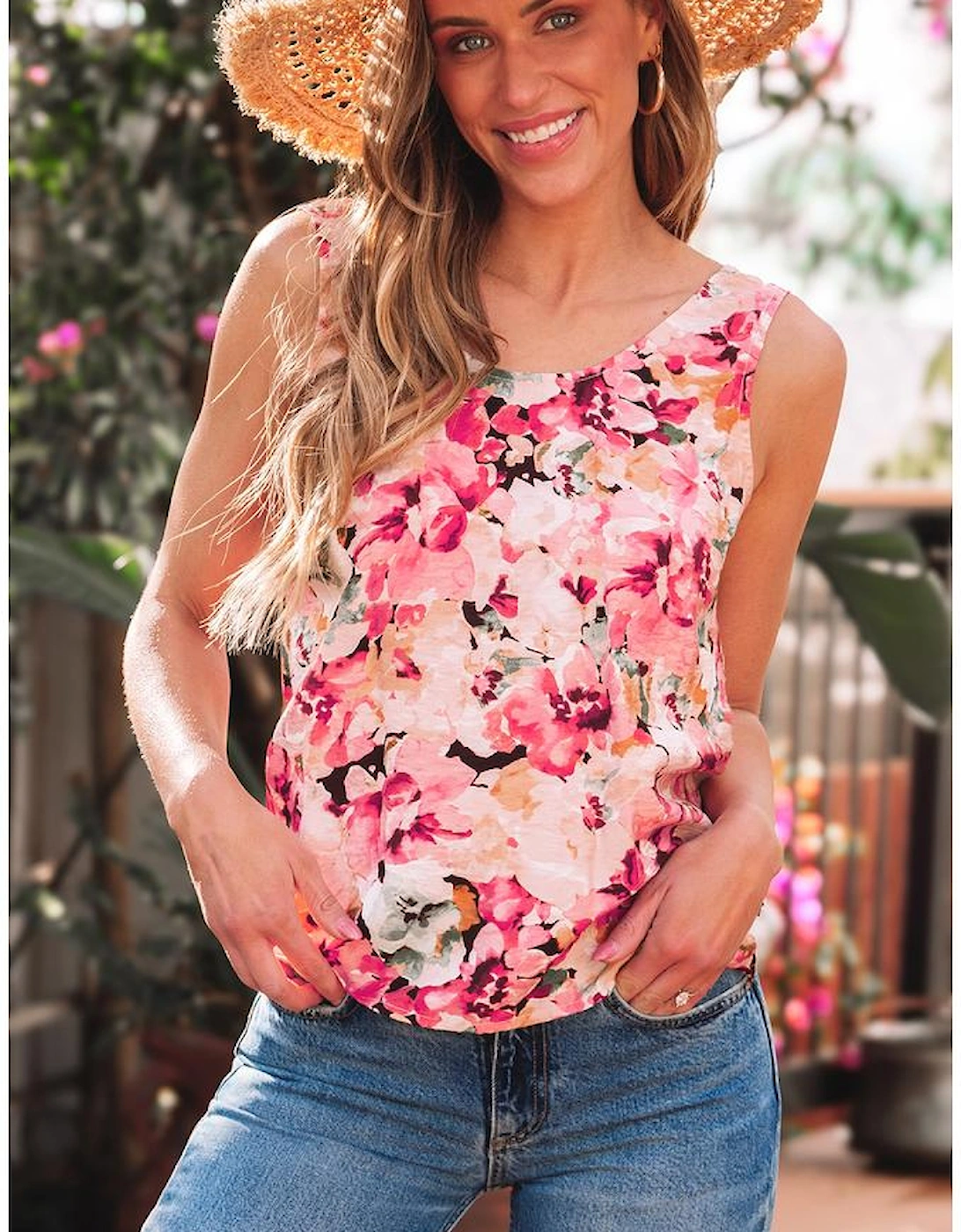 Pink Floral Round Neck Twisted Cut Out Back Tank Top