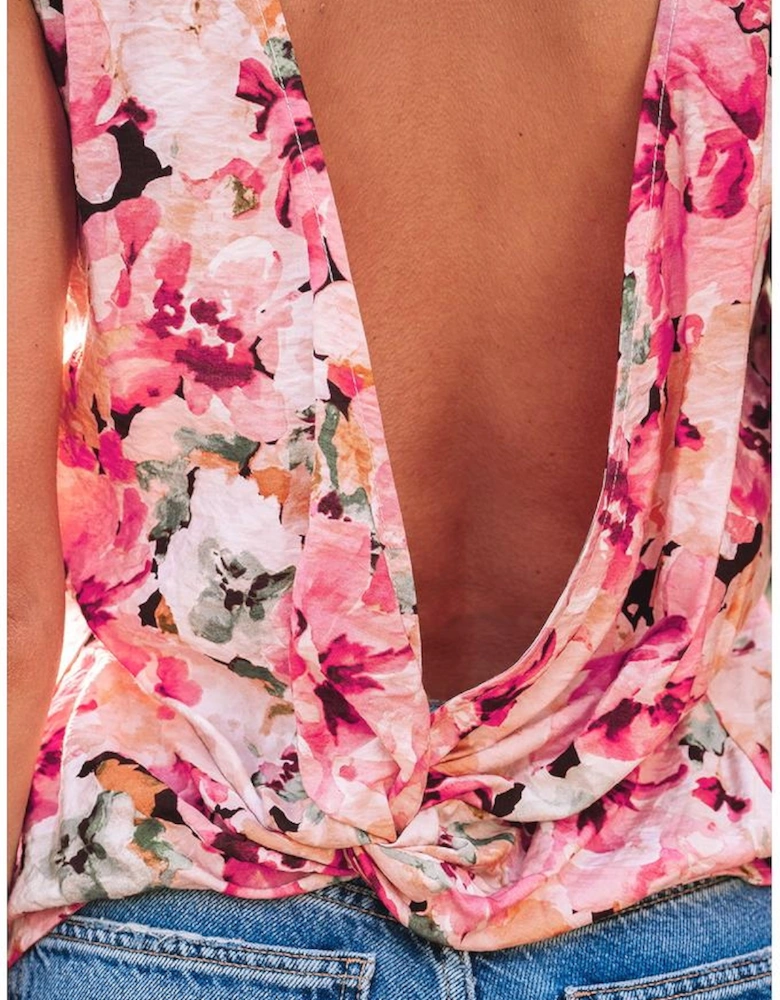Pink Floral Round Neck Twisted Cut Out Back Tank Top