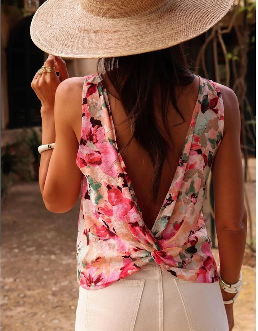Pink Floral Round Neck Twisted Cut Out Back Tank Top
