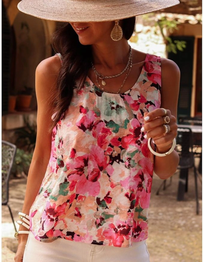 Pink Floral Round Neck Twisted Cut Out Back Tank Top