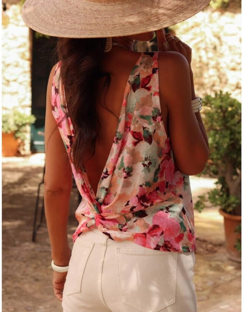 Pink Floral Round Neck Twisted Cut Out Back Tank Top