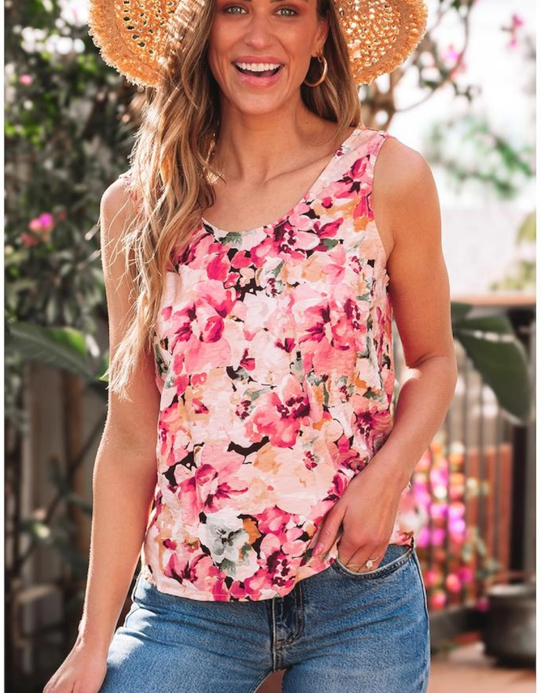 Pink Floral Round Neck Twisted Cut Out Back Tank Top