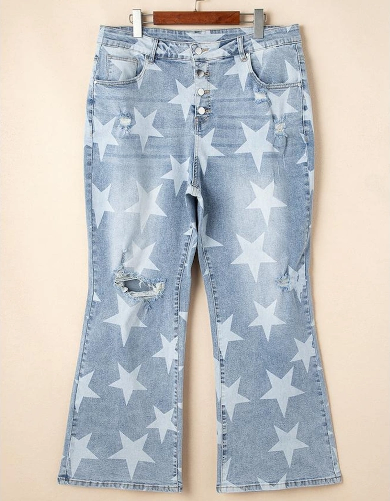 Sky Blue Star Printed Multi Buttons Slit Knee Destroyed Plus Size Jeans