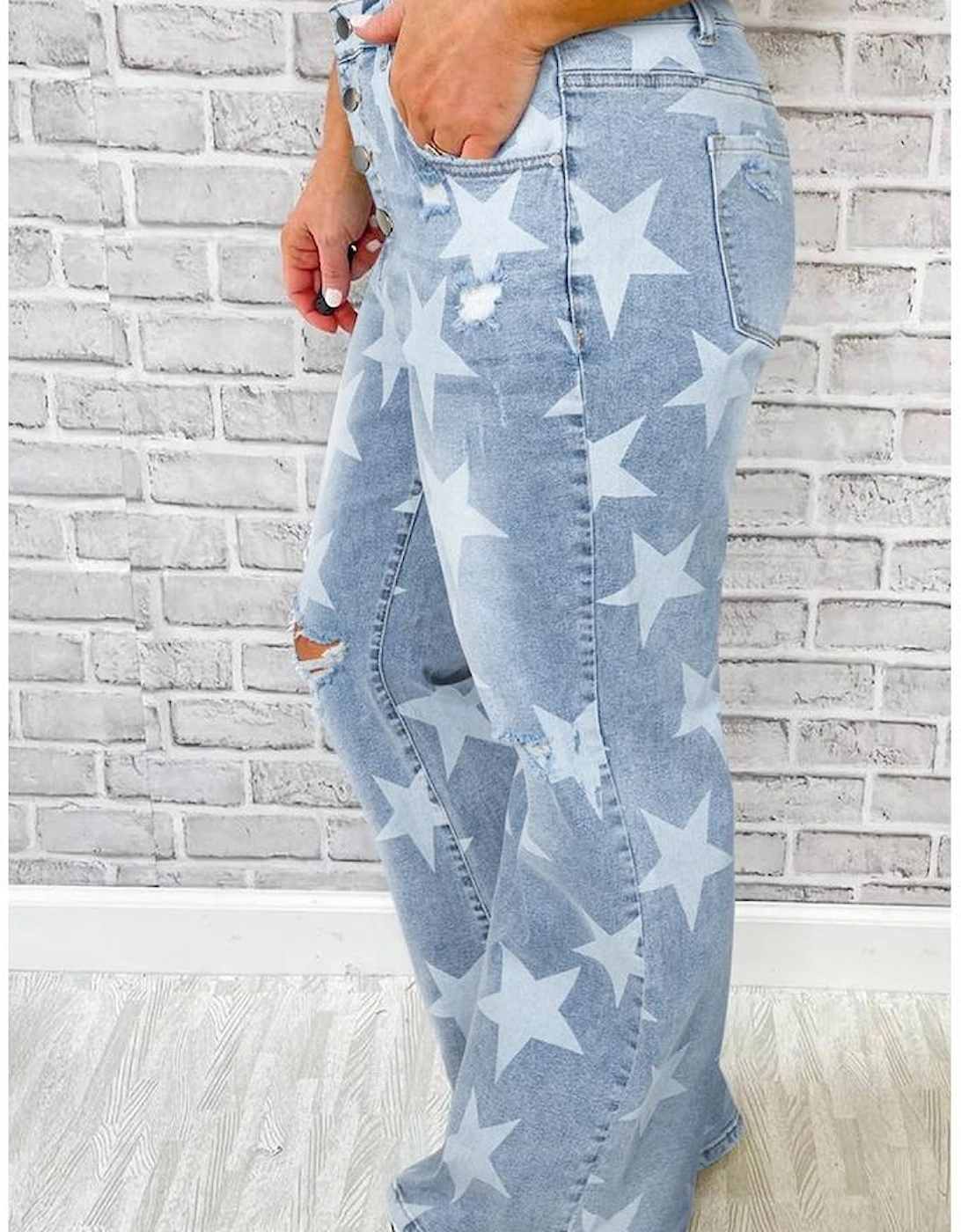 Sky Blue Star Printed Multi Buttons Slit Knee Destroyed Plus Size Jeans, 11 of 10