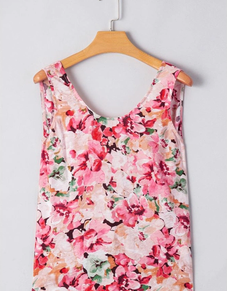 Pink Floral Round Neck Twisted Cut Out Back Tank Top