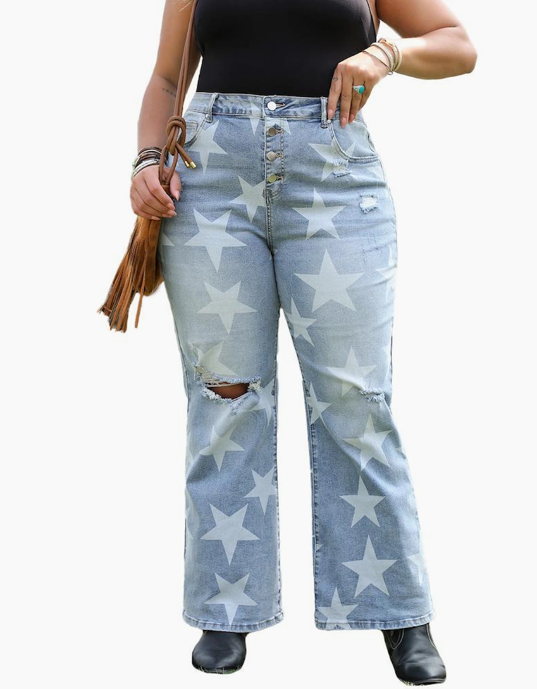 Sky Blue Star Printed Multi Buttons Slit Knee Destroyed Plus Size Jeans