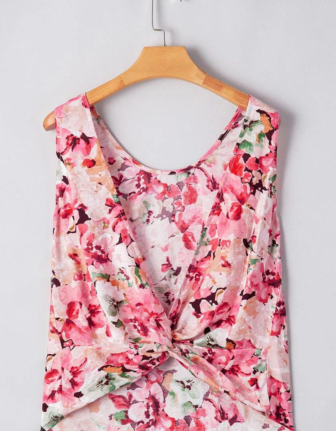 Pink Floral Round Neck Twisted Cut Out Back Tank Top