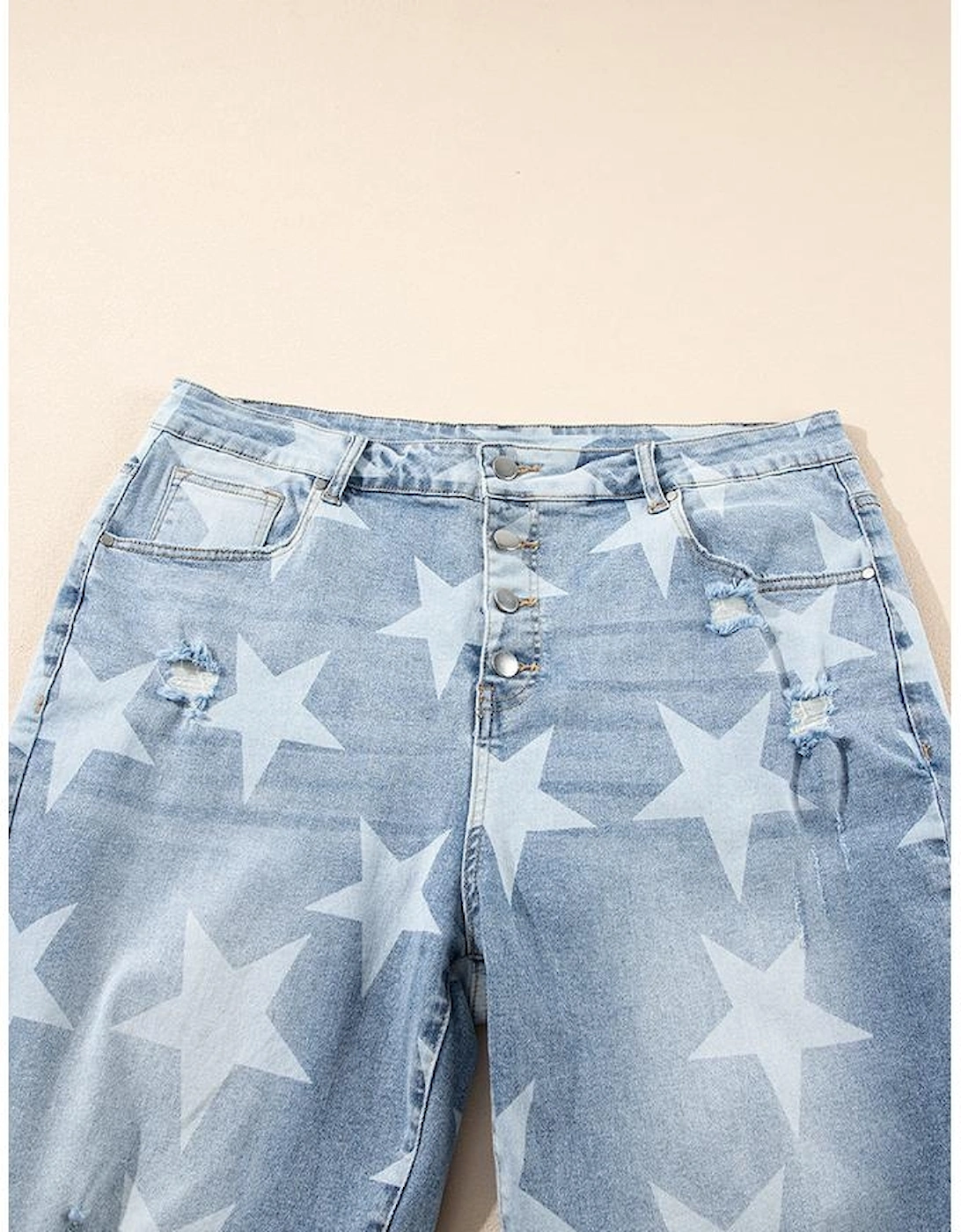Sky Blue Star Printed Multi Buttons Slit Knee Destroyed Plus Size Jeans