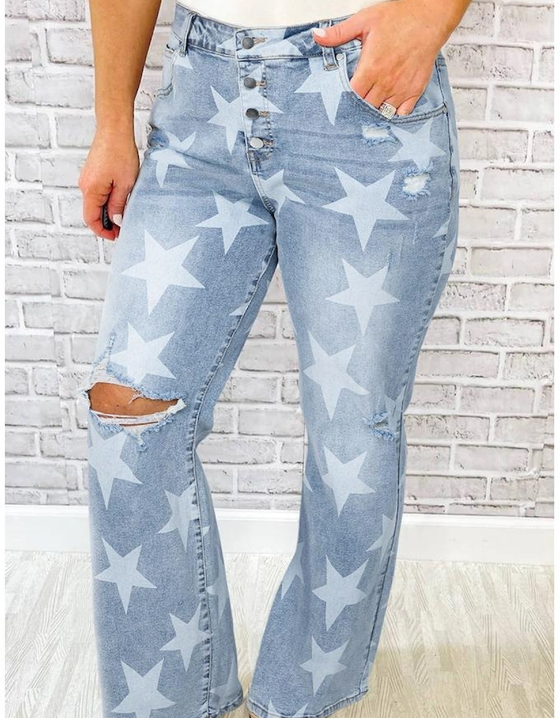 Sky Blue Star Printed Multi Buttons Slit Knee Destroyed Plus Size Jeans