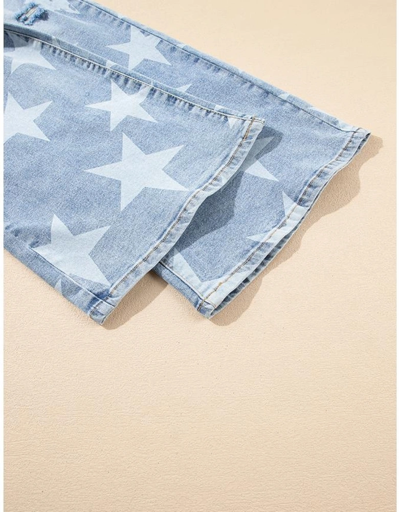 Sky Blue Star Printed Multi Buttons Slit Knee Destroyed Plus Size Jeans