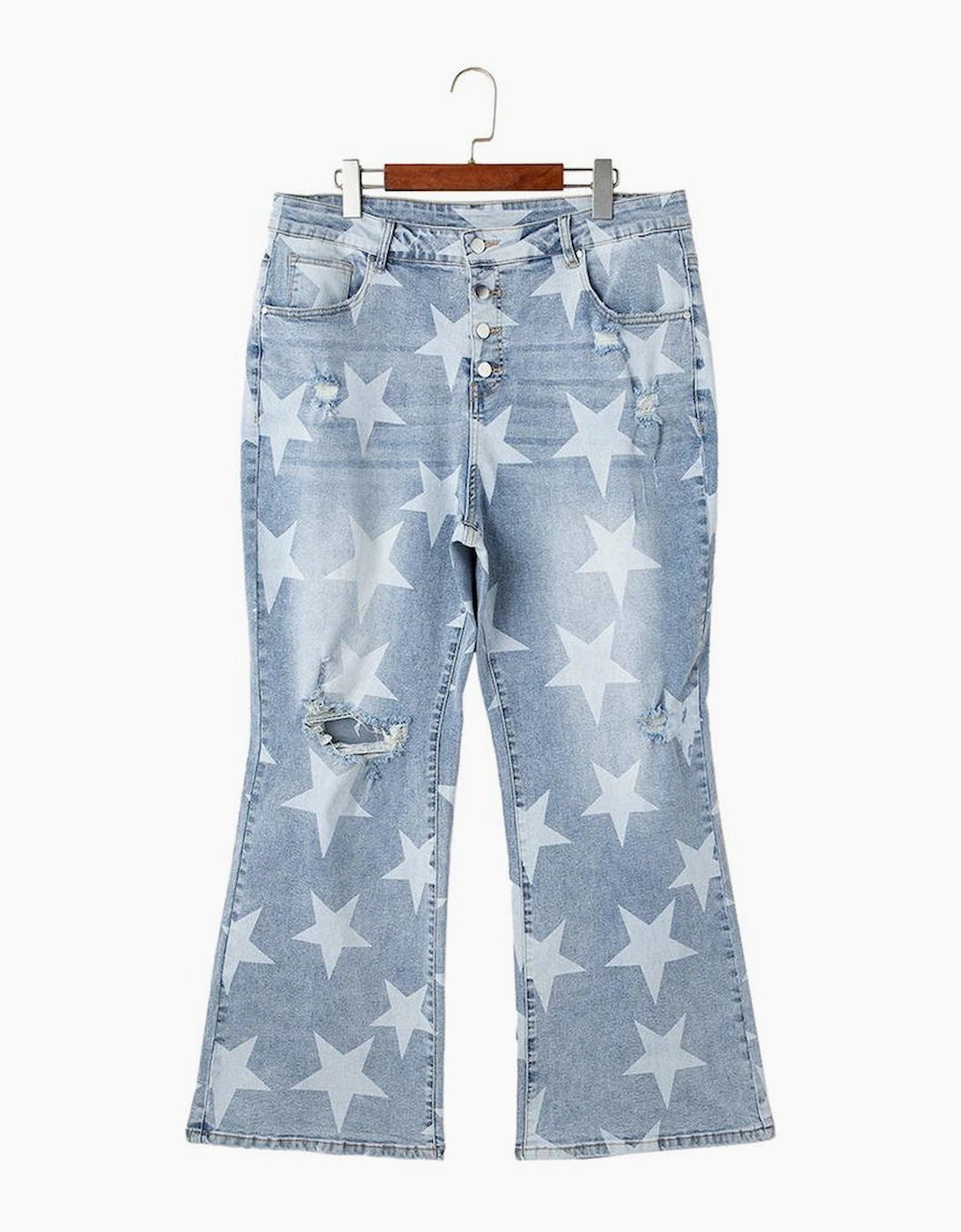 Sky Blue Star Printed Multi Buttons Slit Knee Destroyed Plus Size Jeans