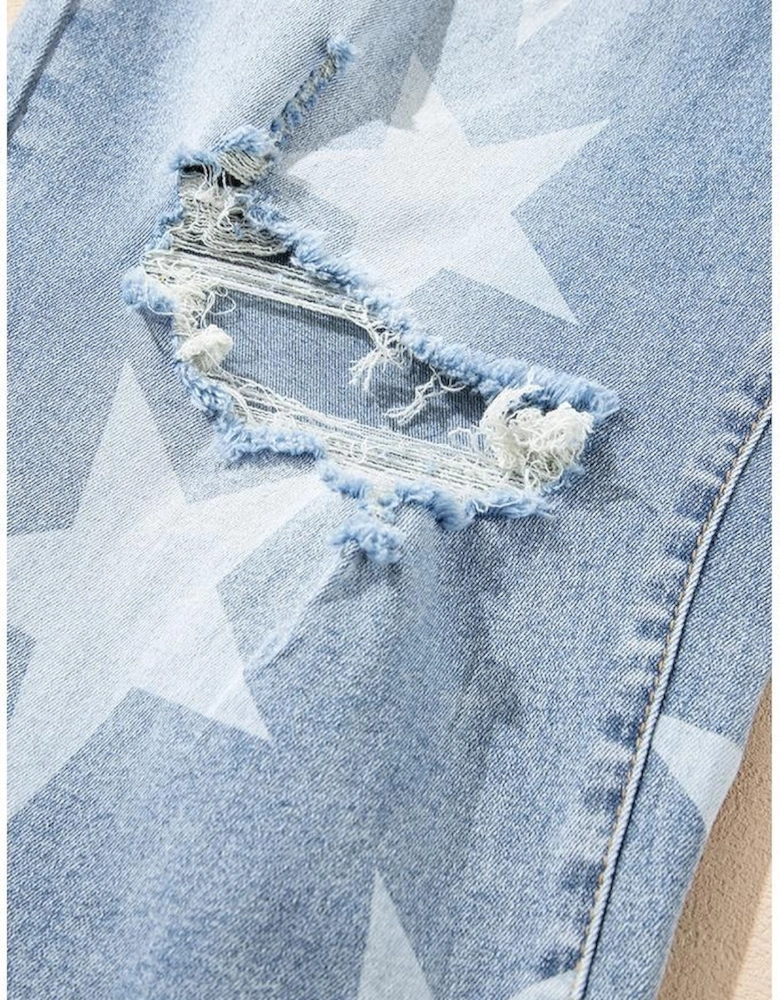 Sky Blue Star Printed Multi Buttons Slit Knee Destroyed Plus Size Jeans