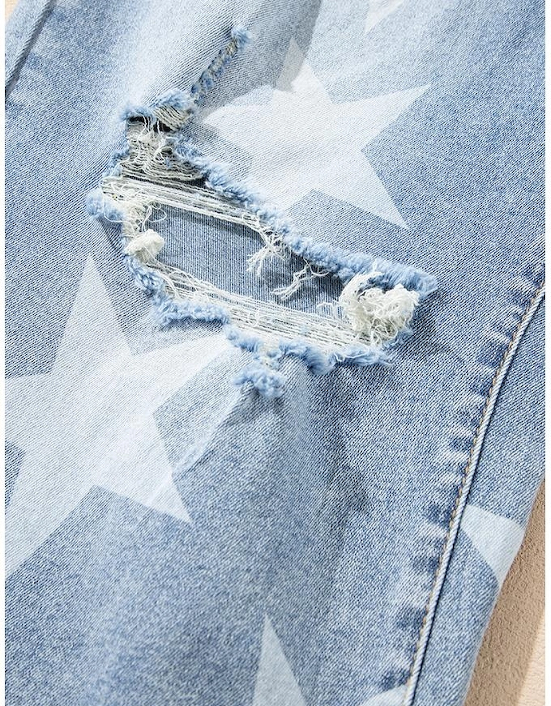 Sky Blue Star Printed Multi Buttons Slit Knee Destroyed Plus Size Jeans