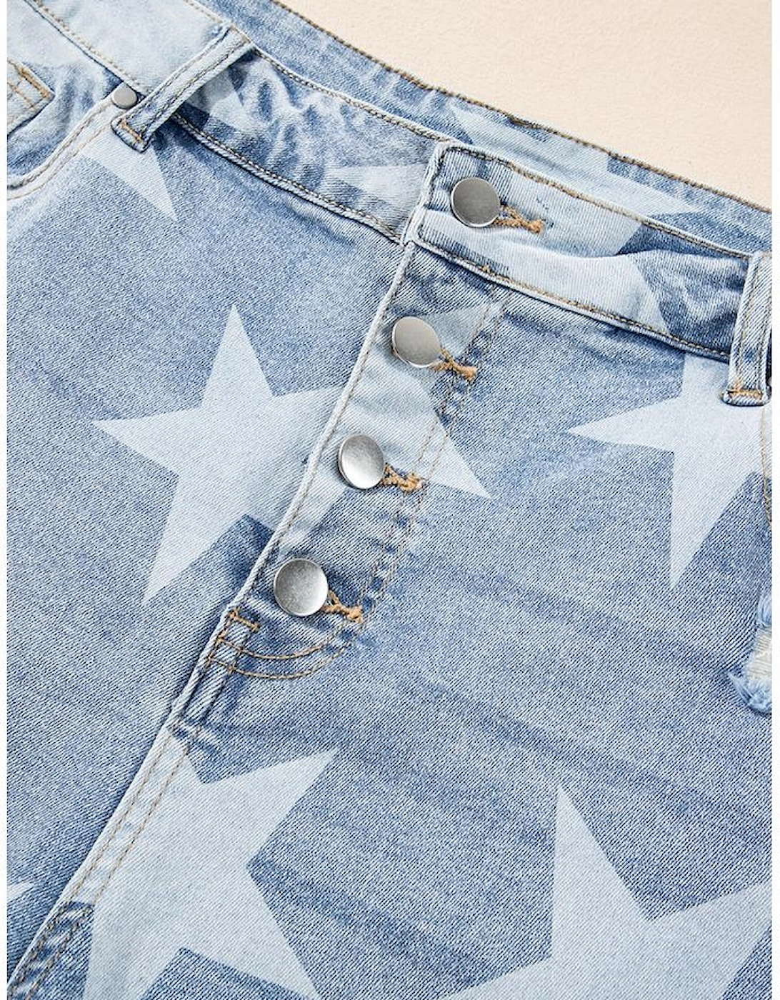 Sky Blue Star Printed Multi Buttons Slit Knee Destroyed Plus Size Jeans