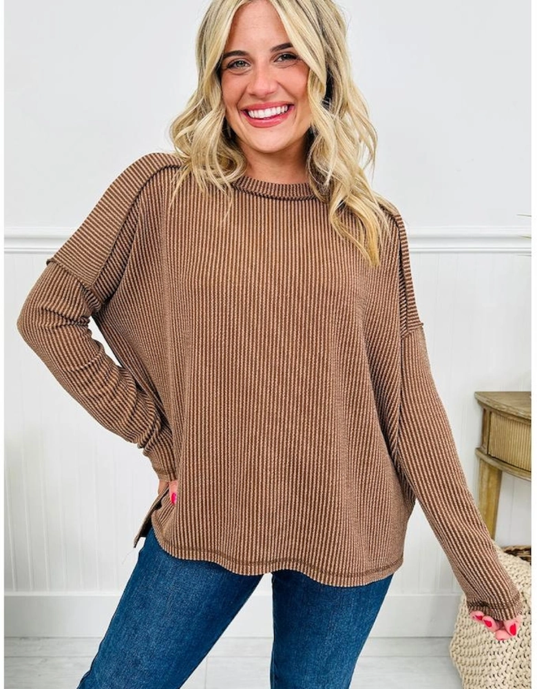 Dark Khaki Twist Ribbed Exposed Seam Detail Long Sleeve Loose Top