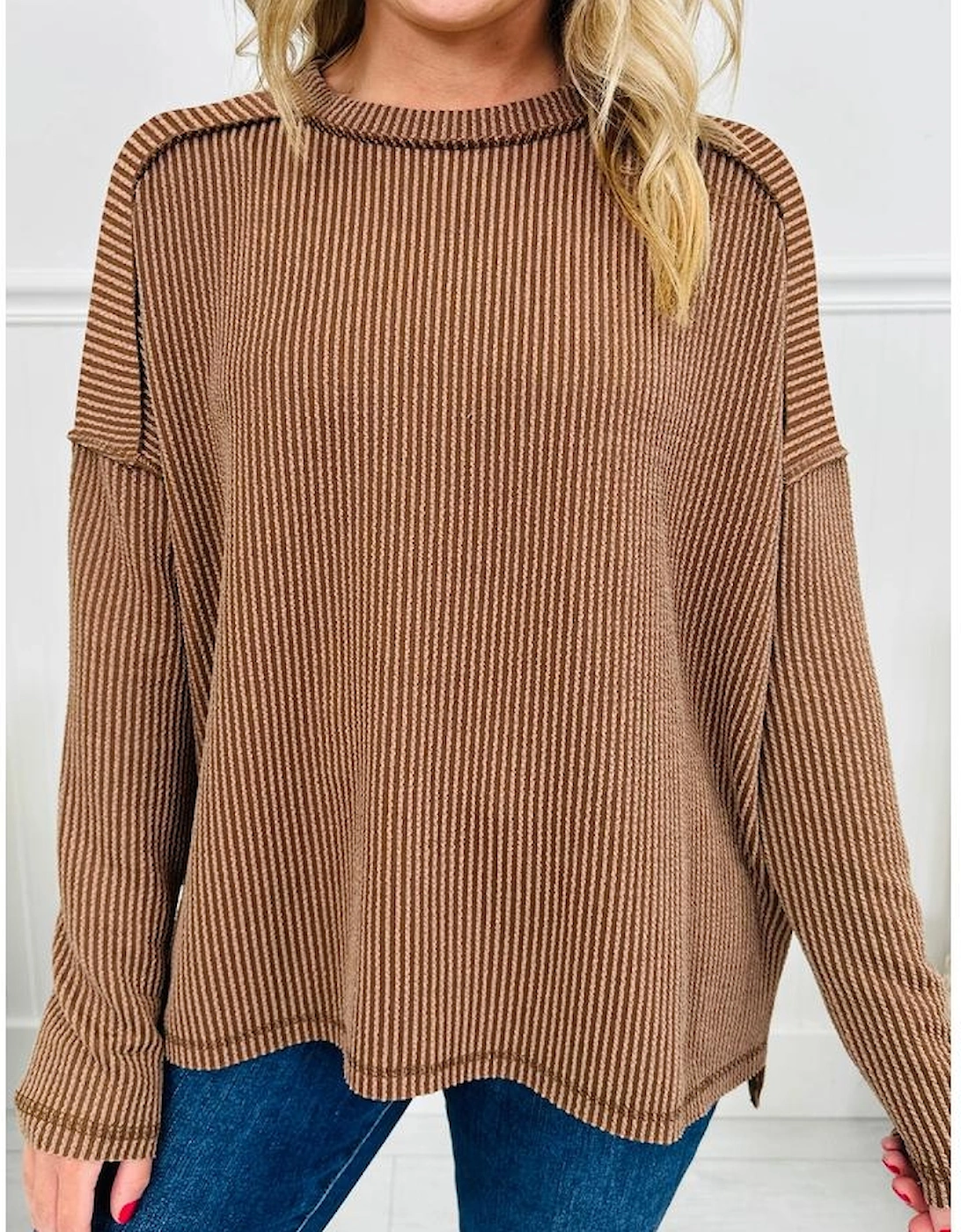 Dark Khaki Twist Ribbed Exposed Seam Detail Long Sleeve Loose Top