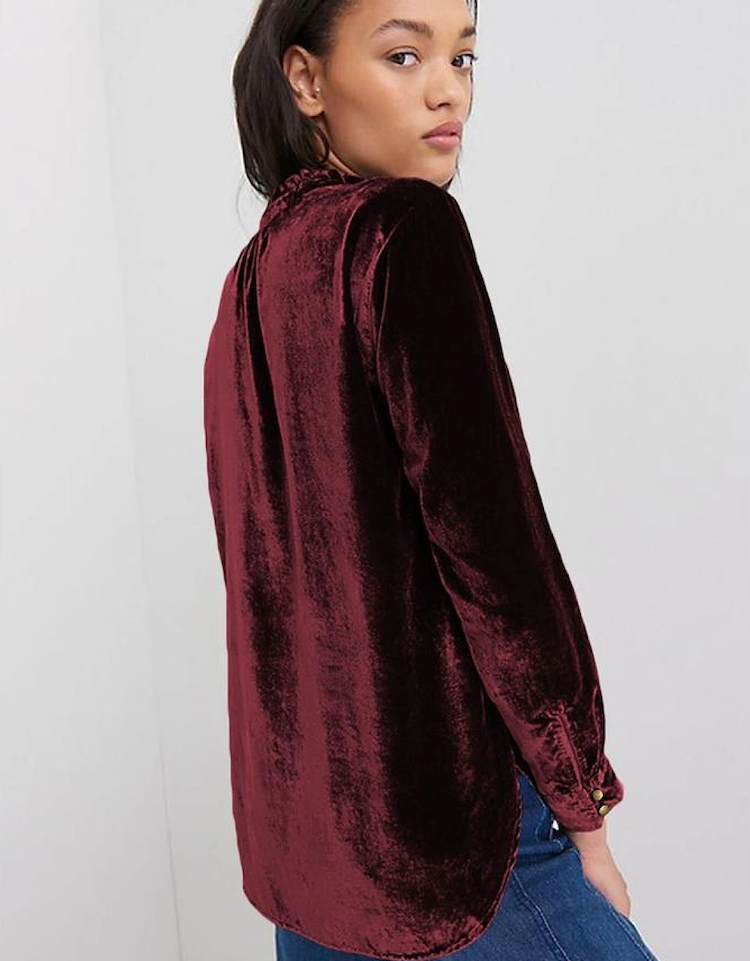 Biking Red Frilled Neck Buttoned Front Velvet Top, 5 of 4
