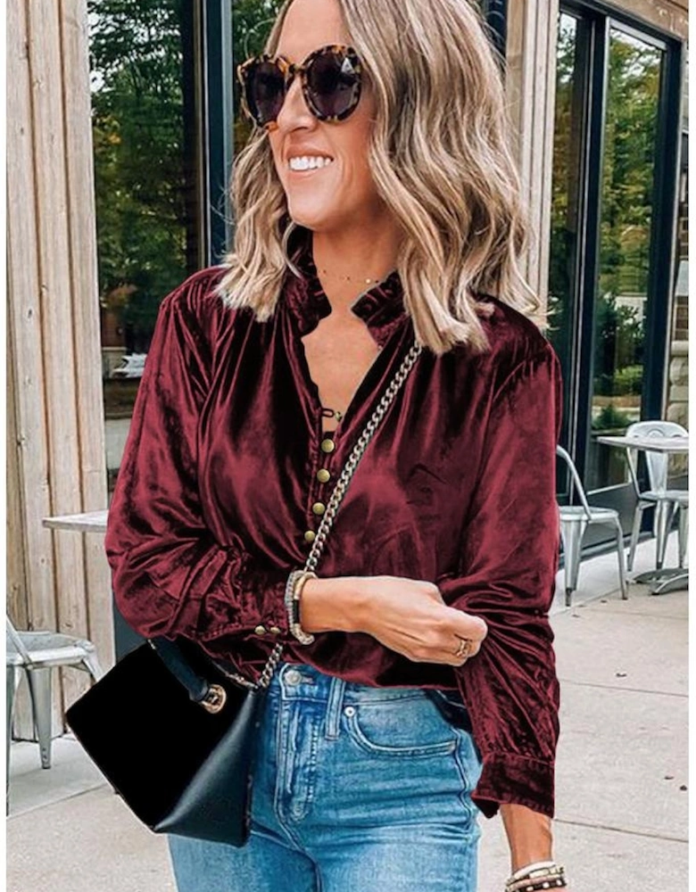 Biking Red Frilled Neck Buttoned Front Velvet Top