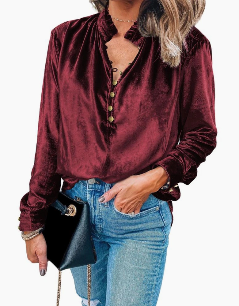 Biking Red Frilled Neck Buttoned Front Velvet Top