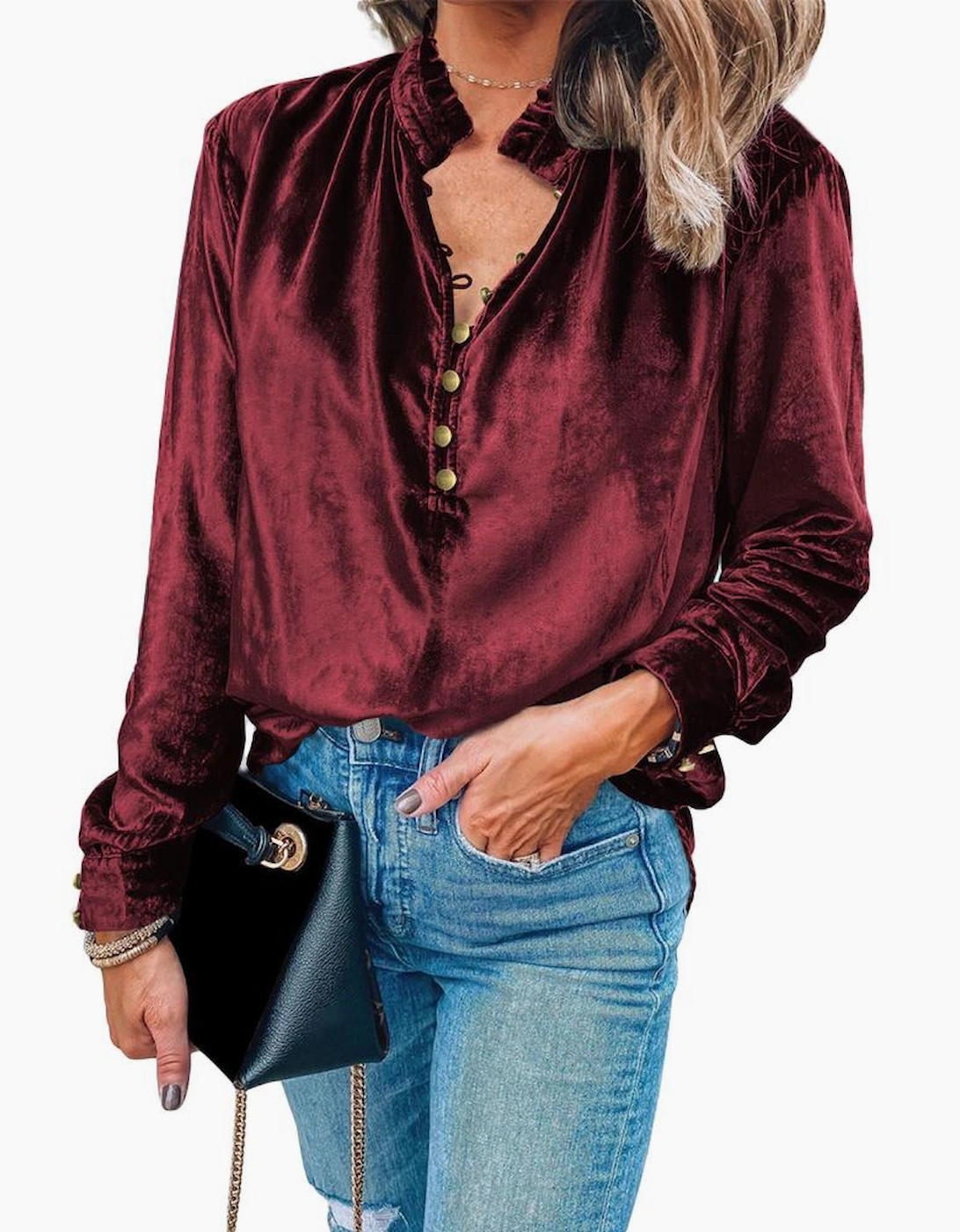 Biking Red Frilled Neck Buttoned Front Velvet Top