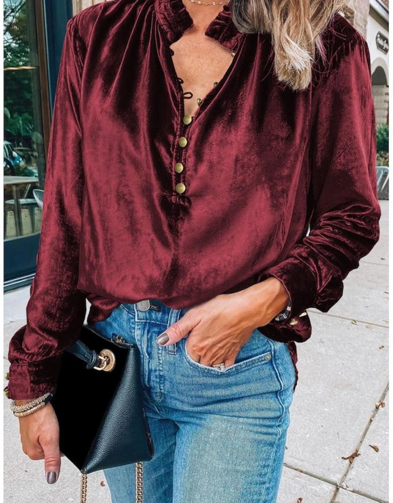 Biking Red Frilled Neck Buttoned Front Velvet Top