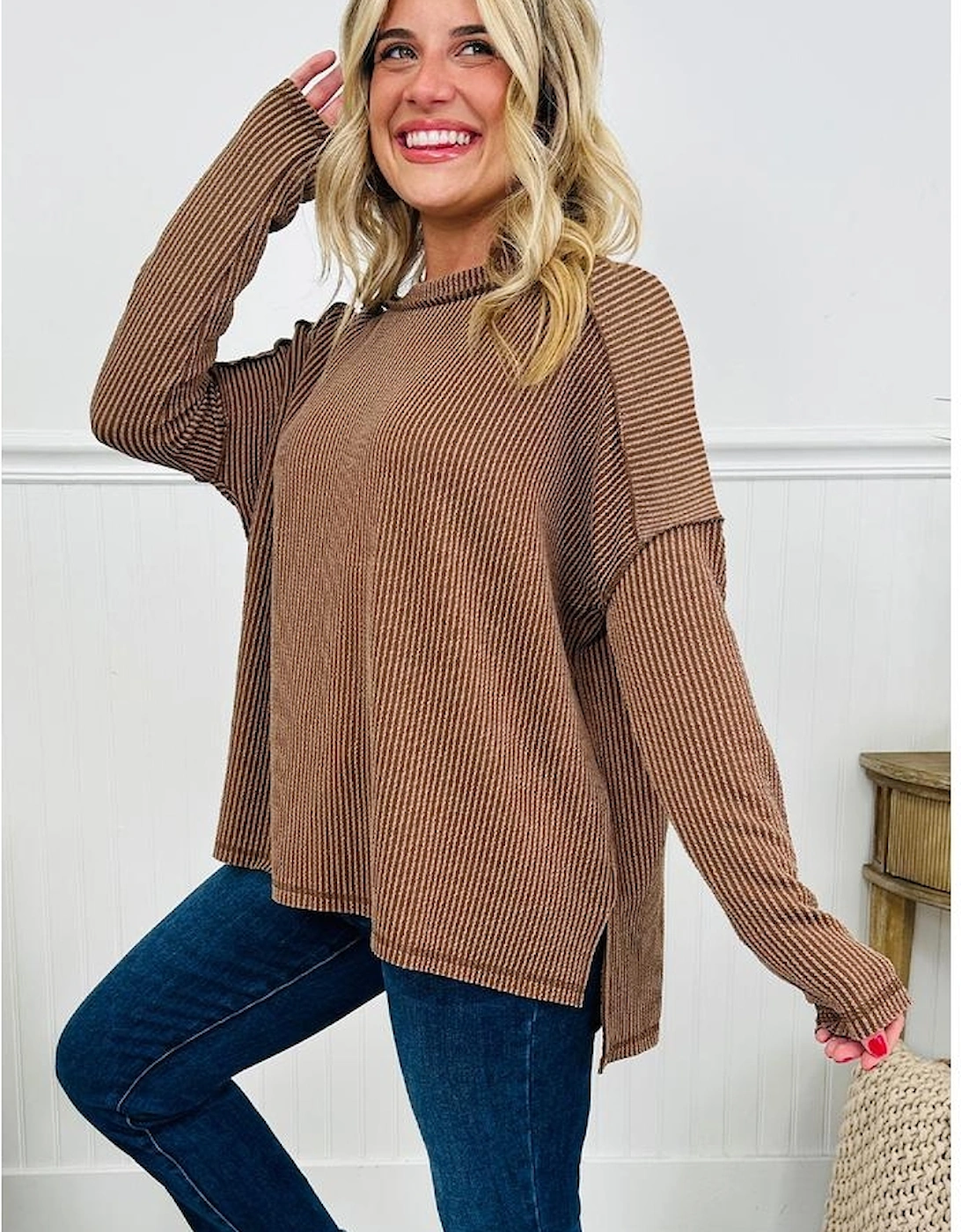 Dark Khaki Twist Ribbed Exposed Seam Detail Long Sleeve Loose Top, 5 of 4