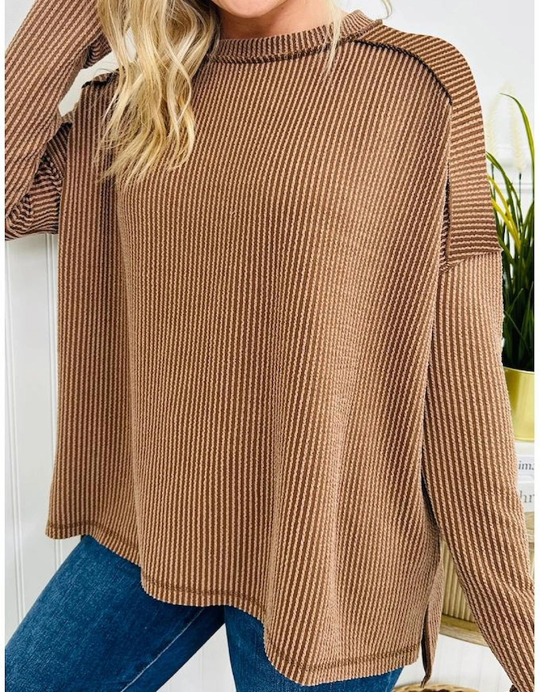 Dark Khaki Twist Ribbed Exposed Seam Detail Long Sleeve Loose Top