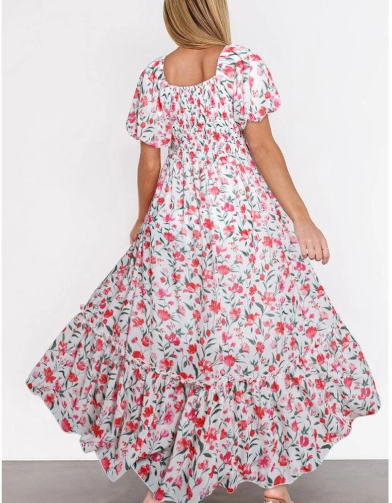 Pink Floral Puff Sleeve Square Neck Empire Waist Tiered Maxi Dress