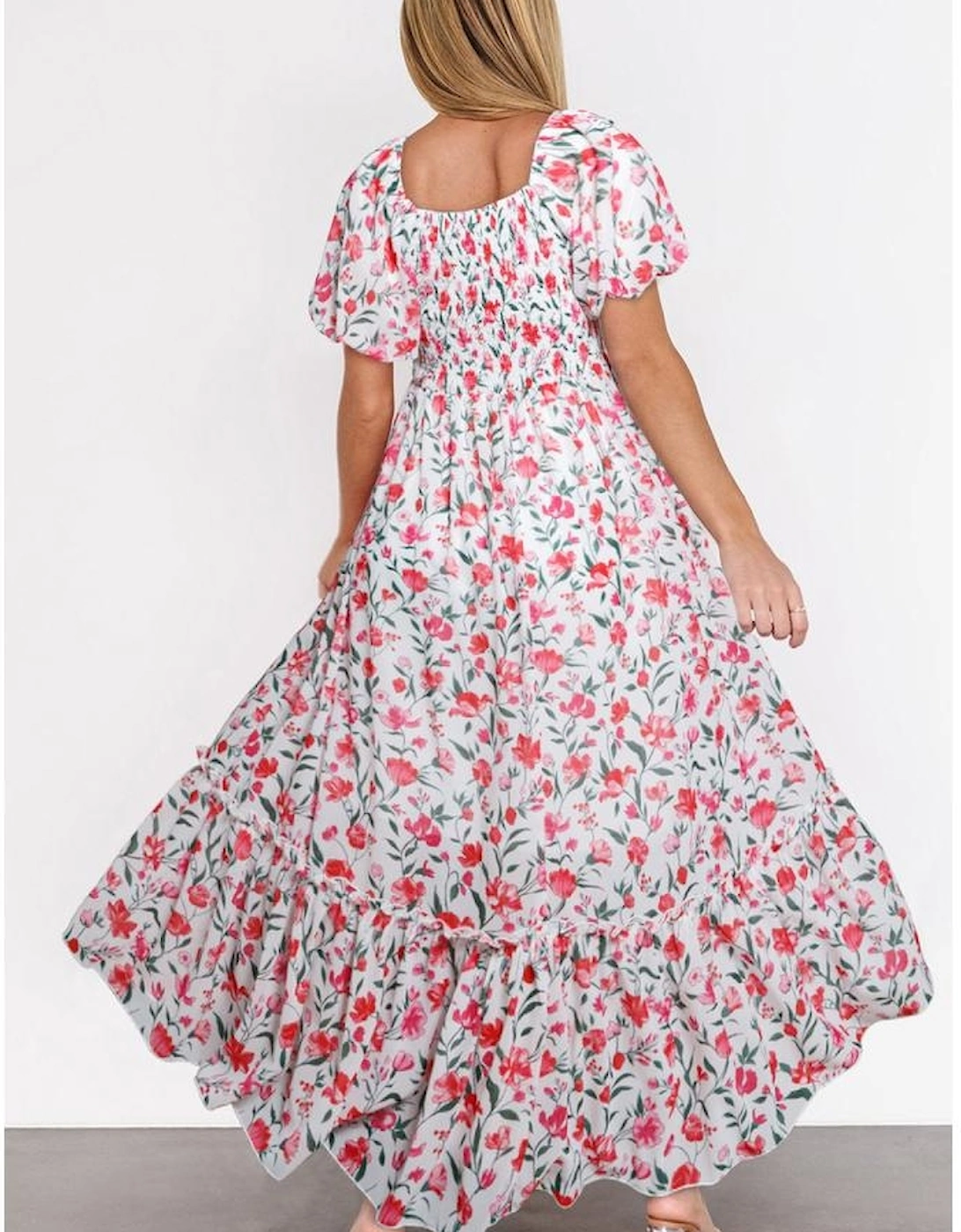 Pink Floral Puff Sleeve Square Neck Empire Waist Tiered Maxi Dress, 4 of 3