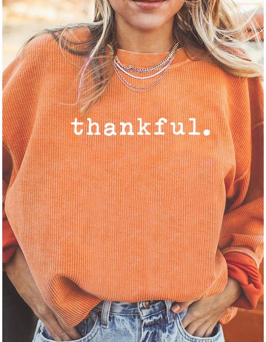 Orange Thankful Ribbed Crew Neck Thanksgiving Sweatshirt, 10 of 9