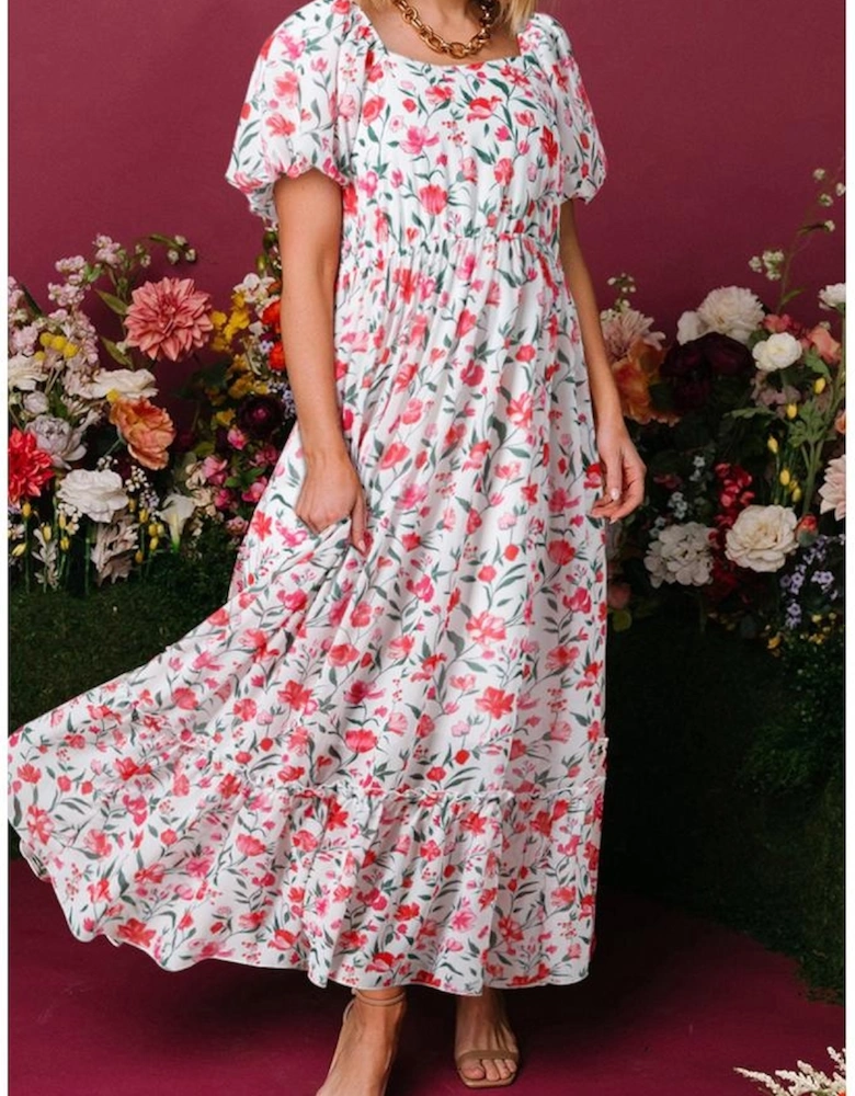 Pink Floral Puff Sleeve Square Neck Empire Waist Tiered Maxi Dress