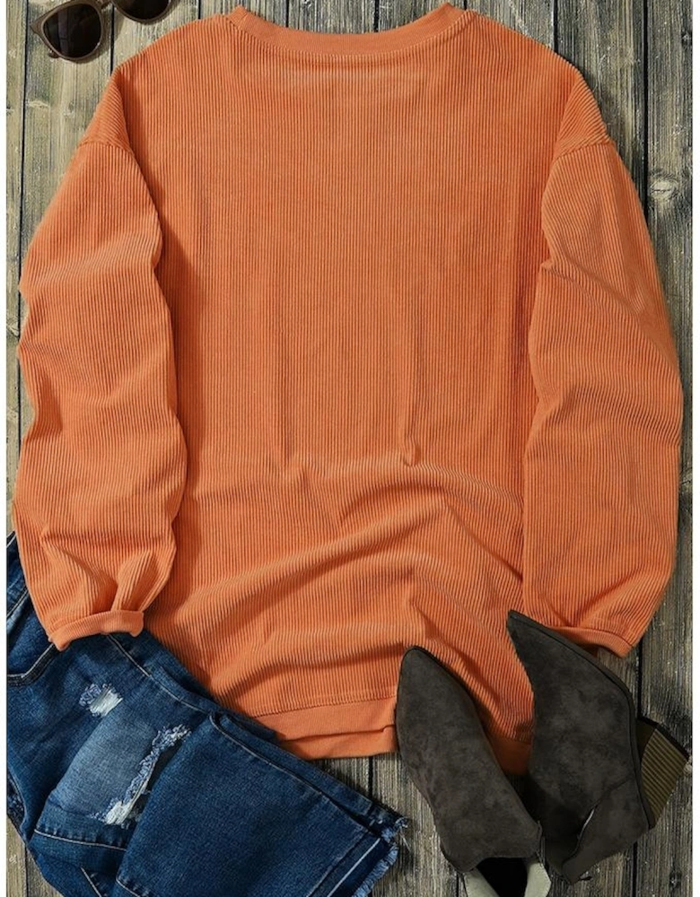 Orange Thankful Ribbed Crew Neck Thanksgiving Sweatshirt