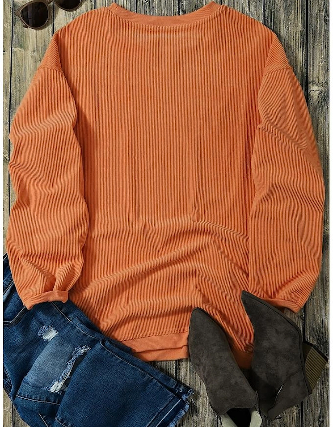 Orange Thankful Ribbed Crew Neck Thanksgiving Sweatshirt