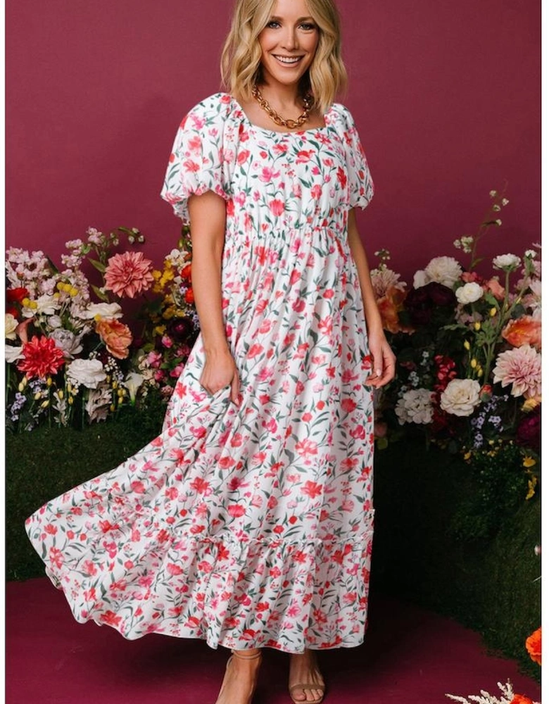 Pink Floral Puff Sleeve Square Neck Empire Waist Tiered Maxi Dress