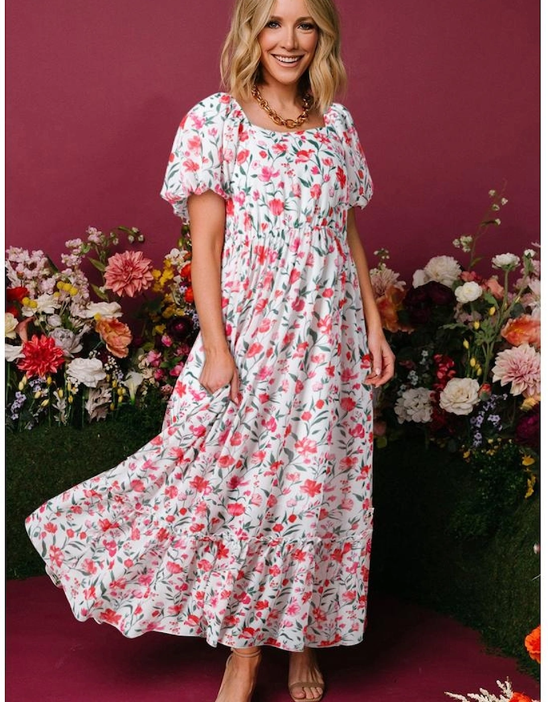 Pink Floral Puff Sleeve Square Neck Empire Waist Tiered Maxi Dress