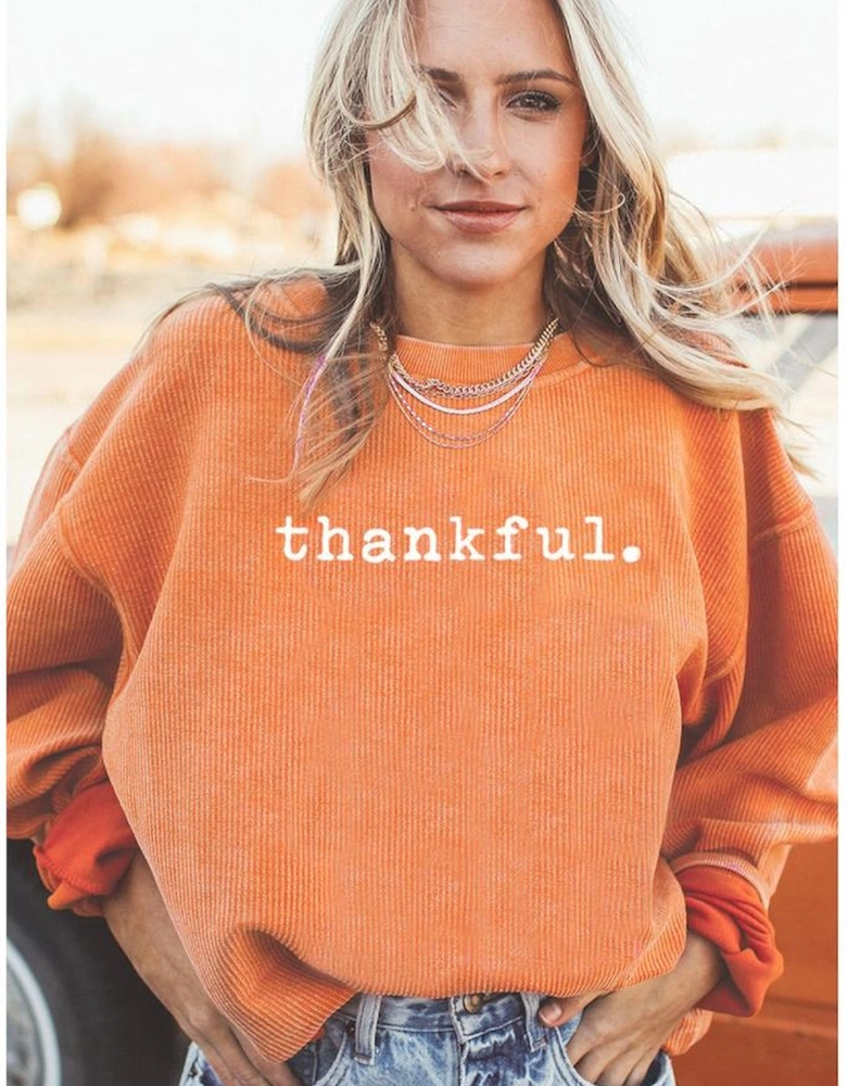 Orange Thankful Ribbed Crew Neck Thanksgiving Sweatshirt