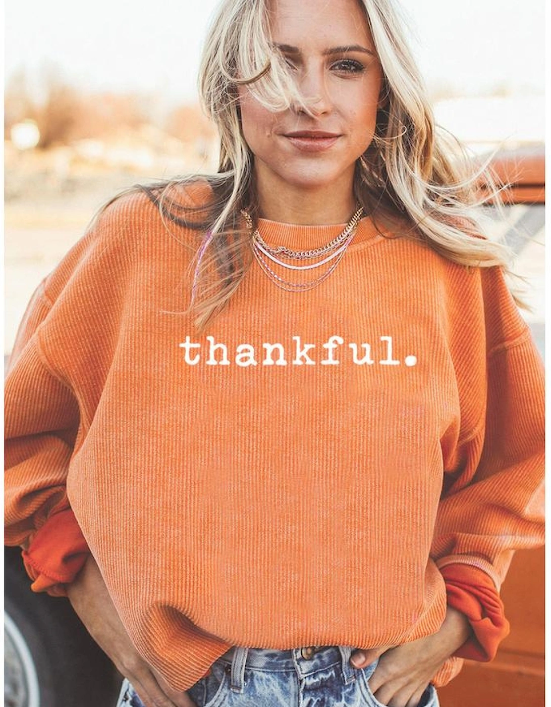 Orange Thankful Ribbed Crew Neck Thanksgiving Sweatshirt