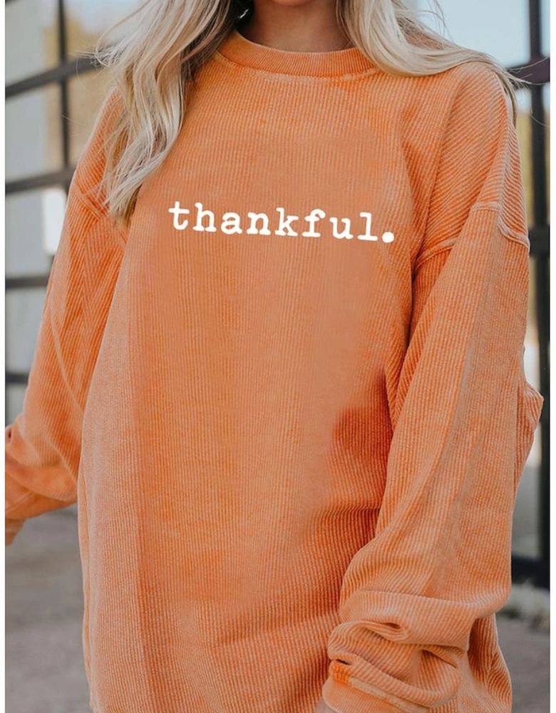Orange Thankful Ribbed Crew Neck Thanksgiving Sweatshirt